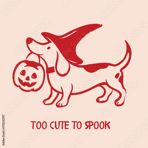 Adorable Halloween postcard illustration of a dachshund dog in a witch hat holding a pumpkin bucket with the text “Too cute to spook.” Hand-drawn minimal line art design, perfect for greeting cards
