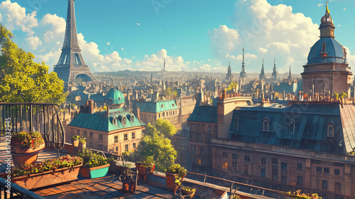 A cinematic ultra-detailed travel scene of a hidden rooftop view over a European city skyline