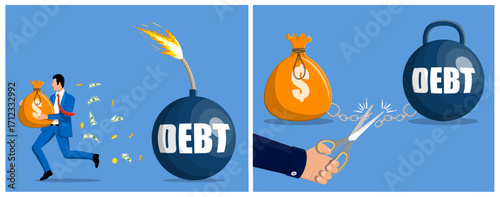 Man holding money bag while running away from debt bomb and hand cutting chain off debt weight. Financial crisis and debt relief concept.