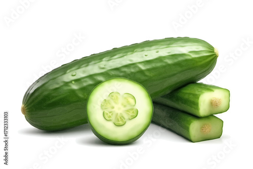 Fresh green cucumber with a cross-section slice and two cut pieces, isolated on a white background, showcasing its crisp texture.