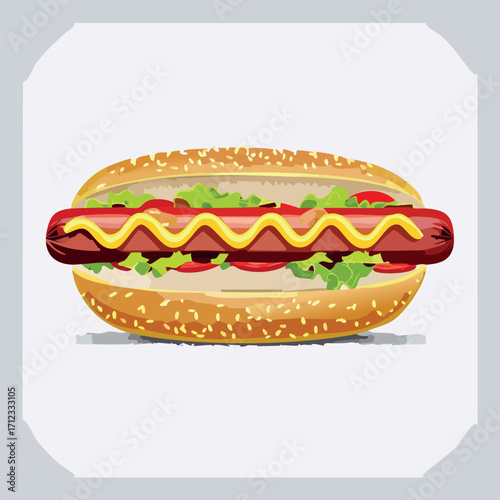 A vibrant illustration of a delicious hot dog with various toppings, ready to eat.