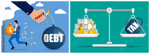 Man running with a money bag while hand lights a debt bomb, and scales balance money against a large tax. Financial burden concept illustration.