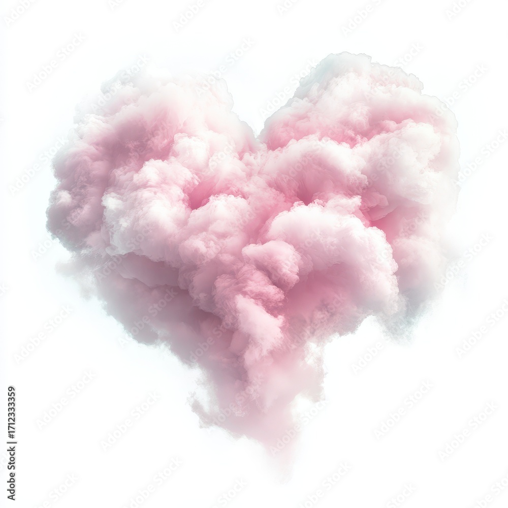 Fototapeta premium A fluffy, heart-shaped cloud in soft pink hues, evoking feelings of love and creativity against a bright background.