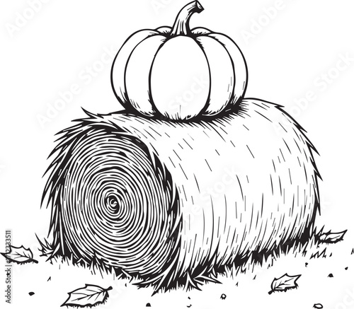 Harvest Bounty: a single, ripe pumpkin sits proudly atop a large bale of hay, surrounded by fallen leaves. Depicting an artistic representation of the autumn season.
