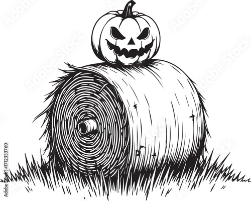 Spooky Pumpkin Perched on Hay Bale: A carved pumpkin with a menacing grin sits atop a cylindrical hay bale, evoking the spirit of autumn. A black and white sketch that has intricate details.