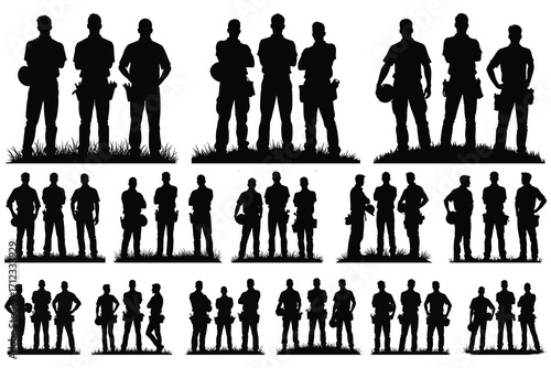 Black silhouettes of construction workers with tools and grass