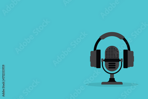 Podcast. Podcasting headphones and microphone	