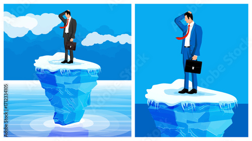Businessman stands on melting iceberg. Economic crisis concept. Global warming and climate problems. Financial risk.