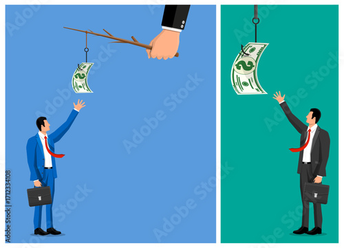 Lure concept. Man reaches for money dangling on a stick held by a hand and man reaching for money on a fishing hook. Motivation for business or work.