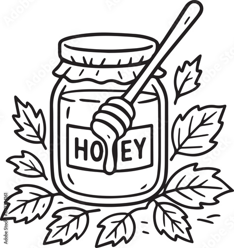 Honey Jar illustration: A detailed illustration of a jar of honey with honey dipper surrounded by leaves. It's a simple yet appetizing view of a wholesome and natural product.