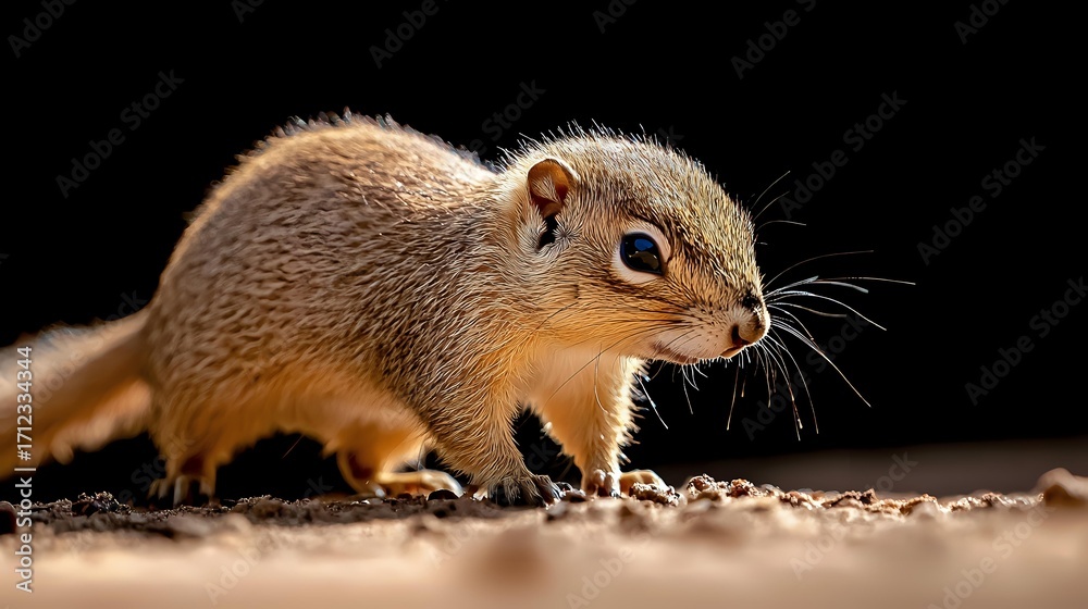 Naklejka premium Young ground squirrel exploring natural habitat in warm sunlight against dark background, close-up view showing detailed fur texture and whiskers, wildlife photography.