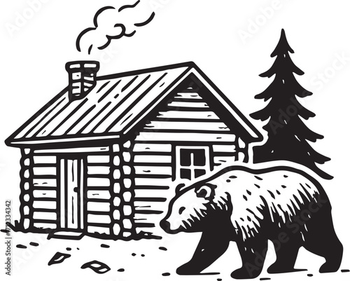 Cozy Cabin with Bear Silhouette: A charming cabin nestled amongst nature, complete with a smoking chimney, alongside a strong silhouette of a bear, this illustration depicts an environment.