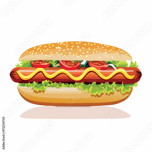 A delicious hot dog sandwich, topped with mustard, lettuce, tomato, and onion, on a sesame seed bun.