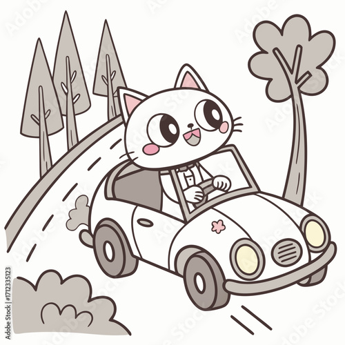 cute cat chibi driving a car