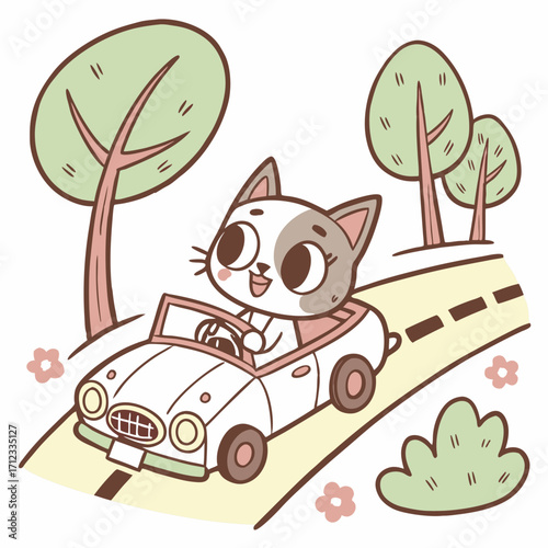cute cat chibi driving a car