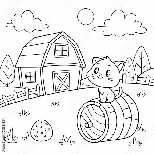 Cozy farm scene coloring page with a cute cat character sitting comfortably on top of a round hay bale