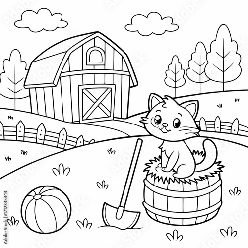 Cozy farm scene coloring page with a cute cat character sitting comfortably on top of a round hay bale
