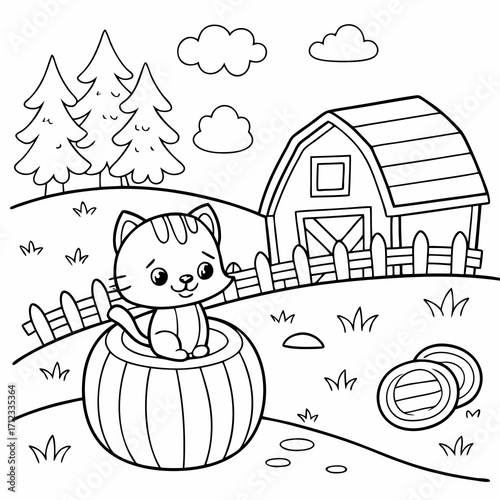 Cozy farm scene coloring page with a cute cat character sitting comfortably on top of a round hay bale