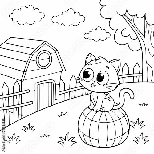 Cozy farm scene coloring page with a cute cat character sitting comfortably on top of a round hay bale