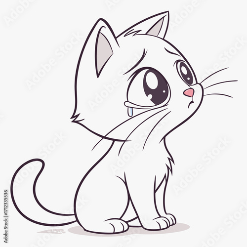 Crying Cat: A simple, yet emotionally charged illustration of a white kitten expressing sadness through tears, capturing a moment of vulnerability and heartache.