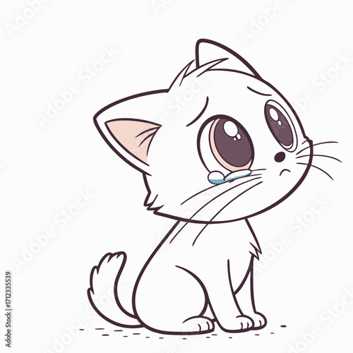 Crying Cat: A simple, yet emotionally charged illustration of a white kitten expressing sadness through tears, capturing a moment of vulnerability and heartache.