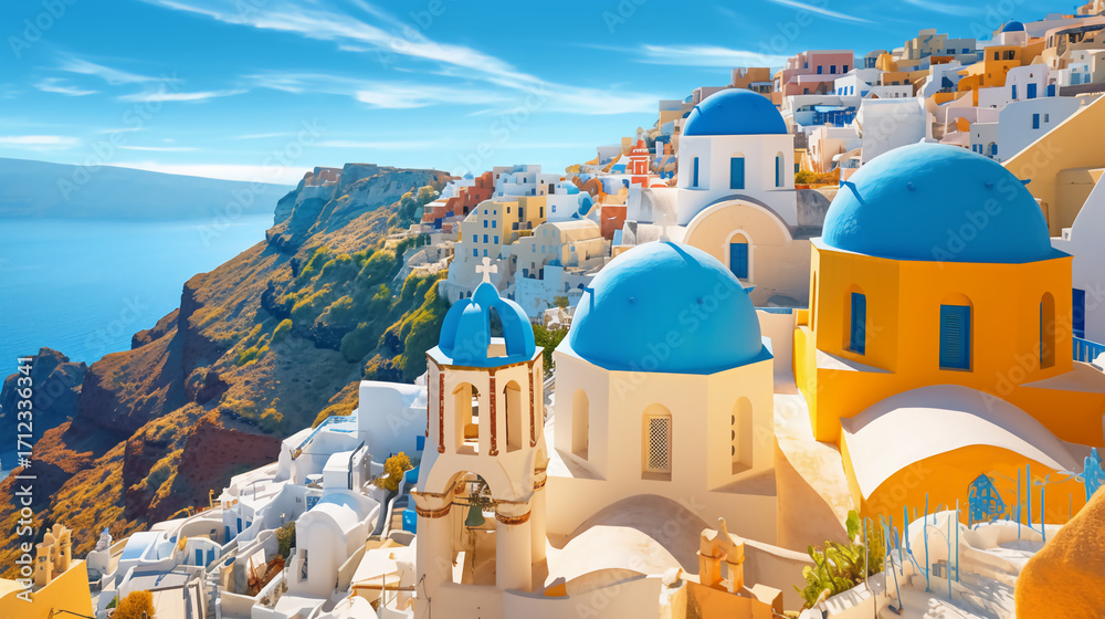 Fototapeta premium Kinowa, niezwykle szczegółowa scena podróży po wyspie Santorini, przedstawiająca bielone domy z niebieskimi kopułami