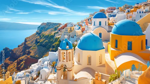 A cinematic ultra-detailed travel scene of Santorini island whitewashed houses with blue domes