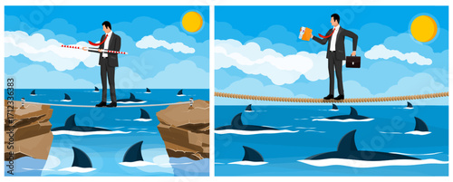 Man walking tightrope over shark infested water. Business risk and challenge concept. Financial decision making under pressure.