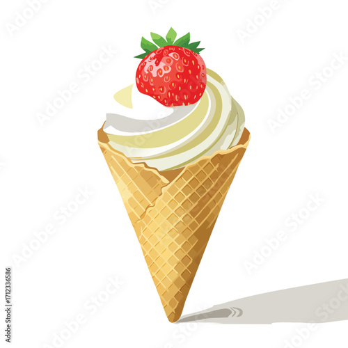A waffle cone filled with swirling soft serve ice cream, topped with a fresh red strawberry and green leaves.