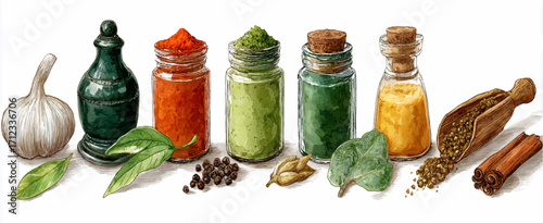 Vector illustration, set of Spices. White background. Watercolor illustrations