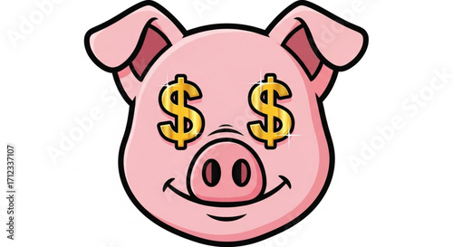 Pink cartoon pig with golden dollar signs for eyes, isolated on white background