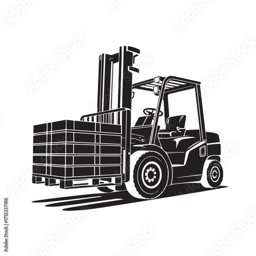 A black and white illustration of a forklift truck carrying a large load of wooden pallets, isolated on white background technology background