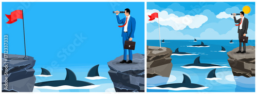 Businessman with spyglass observing target flag across shark-infested waters. Business challenge concept. Goal achievement and risk management for success.