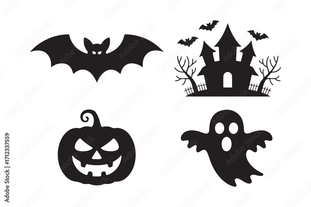 Obraz premium Spooky halloween silhouettes featuring a bat pumpkin castle and ghost