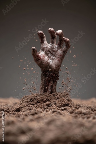 A decaying hand emerges from dark soil, clawing upwards against a muted background; dirt particles scatter around it