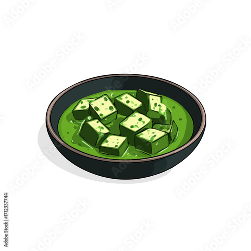 Saag Paneer, 2D flat vector illustration in icon style, isolated on a white background