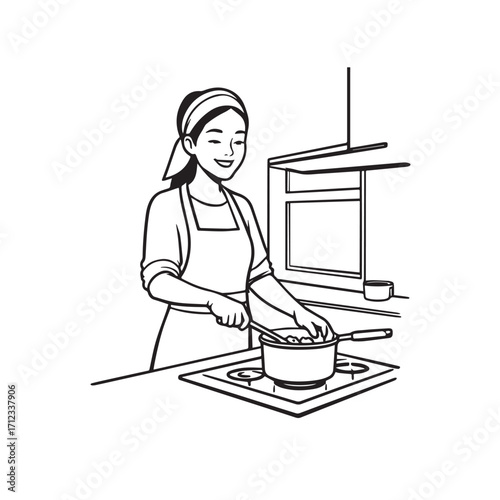 Black and White Vector Illustration of a Smiling Woman Cooking in Kitchen with Apron and Headband