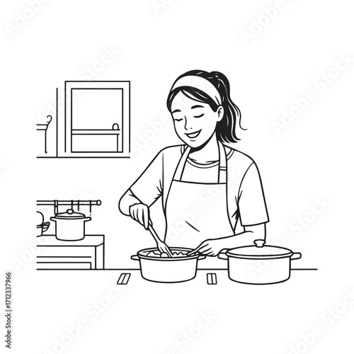 Black and White Vector Illustration of a Smiling Woman Cooking in Kitchen with Apron and Headband