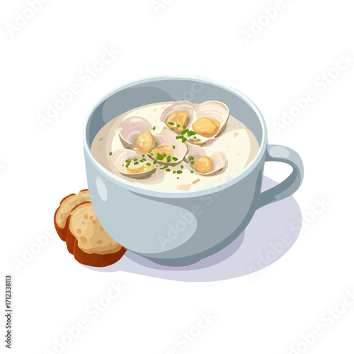 Flat 2D Clam Chowder vector illustration, icon graphic on white background