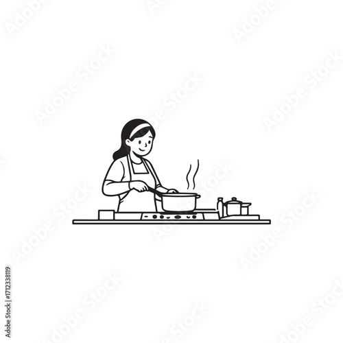 Black and White Vector Illustration of a Smiling Woman Cooking in Kitchen with Apron and Headband