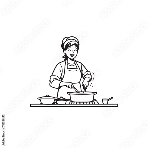 Black and White Vector Illustration of a Smiling Woman Cooking in Kitchen with Apron and Headband