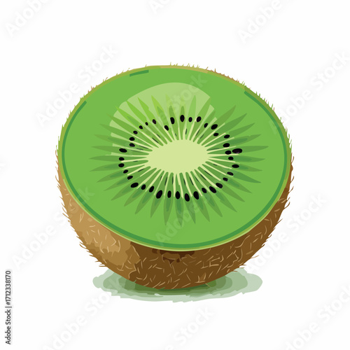 A vibrant, halved kiwi fruit showcasing its bright green flesh and tiny black seeds.