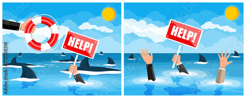 Man needs help, hand reaches out with sign. Drowning man asks for help. Business failure, crisis, financial problem. Saving concept.