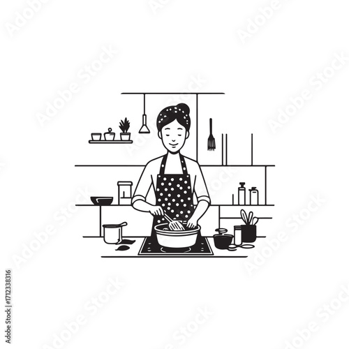 Black and White Vector Illustration of a Smiling Woman Cooking in Kitchen with Apron and Headband