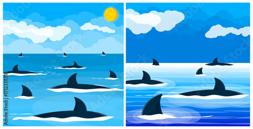 Orca swimming ocean scene. Killer whale ocean flat style vector illustration. Ocean wildlife and marine life concept use for children book.