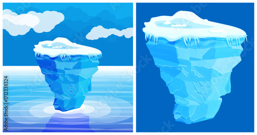 Blue iceberg floating in the ocean with clear sky and clouds illustration, showing a side view and the full iceberg.