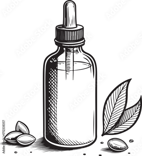 Essential Oil Dropper Bottle for Aromatherapy Vector Illustration, Sketch Drawing Line Linear Symbol Icon Engraving, Hand-drawn Doodle Black and White Isolated