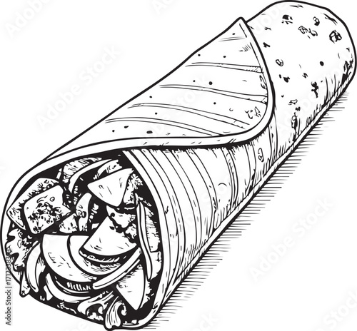 Shawarma (Middle East Cuisine) Chicken Wrap Vector Illustration, Sketch Drawing Line Linear Symbol Icon Engraving, Hand-drawn Doodle Black and White Isolated