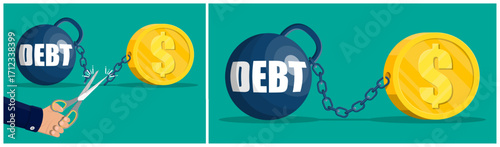 Man cutting chain between debt ball and gold coin. Concept of financial freedom and debt relief. Business finance and money management.