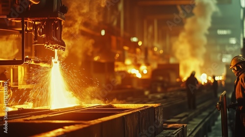 Steel workers in factory with molten metal. Video of a worker melting a realistic metallurgical furnace. Steel industry with a shallow depth of field. Metalworkers in a factory lifestyle handling.